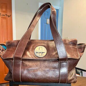 Kate Spade Brown Leather Satchal Handbag With Silver-Tone Turn-Lock Closure